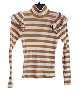 NWT T.La Anthropologie White and Tan Striped Ruffle Shoulder Turtleneck Top